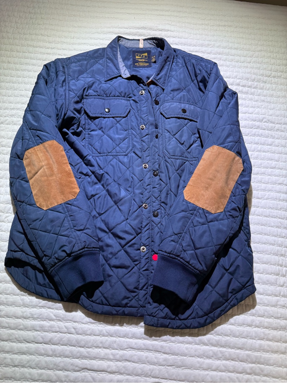 Men's Quilted Navy Shirt Jacket with Tan Elbow Patches